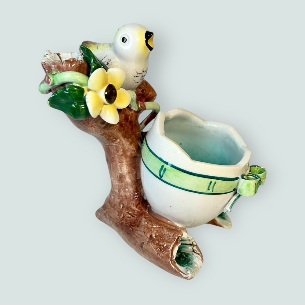 Italian handcrafted art pottery bird miniature planter. Handpainted, charming.